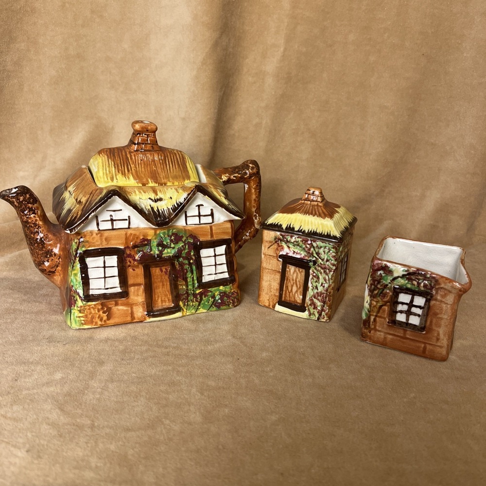3 pcPrice Brothers Cottage Ware Teapot + Creamer+ Lidded Sugar England Old 1940